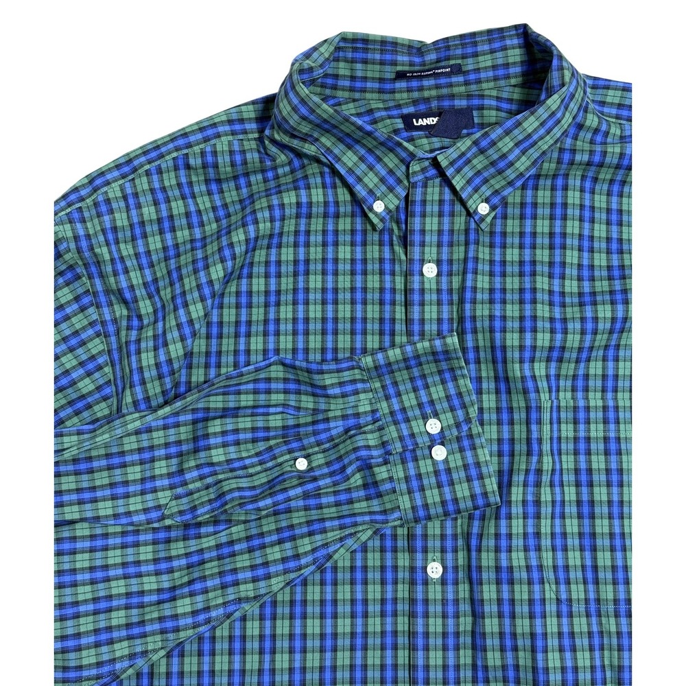 Lands' End Shirt Mens 20 36/37 Blue Green Plaid Dress No‎ Iron Supima Cotton